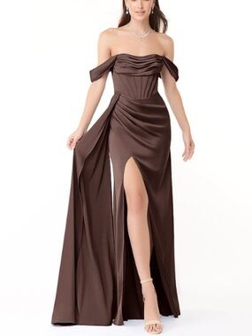 Azazie Amyra Convertible Off-Shoulder Bridesmaid Dress in Ganache Brown